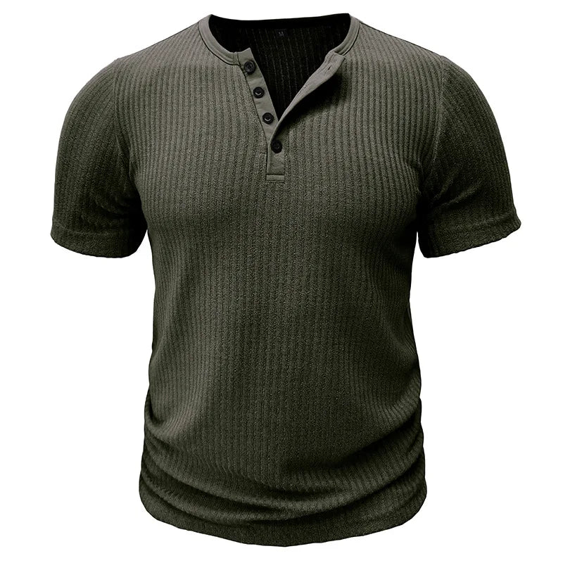 Summer Trend Men's Short Sleeve Casual T-Shirts Solid Henley Neck Button Up Pullover Tops Spring Turn Down Collar Basic Shirt (Available)