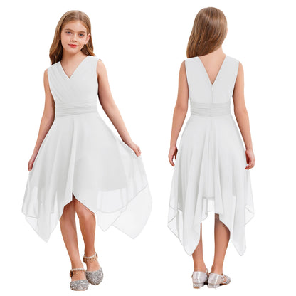 Summer Girls Festive Dress Hi-Lo Tulle Sleeveless Shiny Beaded Dress Flower Kids Wedding Pageant Clothing Evening Communion Gow
