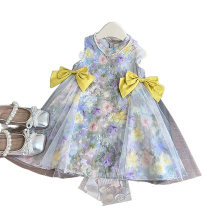Girls Casual Dresses Girls' Floral Princess Dress with Bow Accents & Mesh Detailing - Flower Girl Party Dress