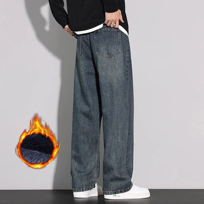 Fleece Jeans Men's Winter Fashion Straight Loose Thick Fleece Trousers Casual Vintage Streetwear Male Warm Plush Denim Pants