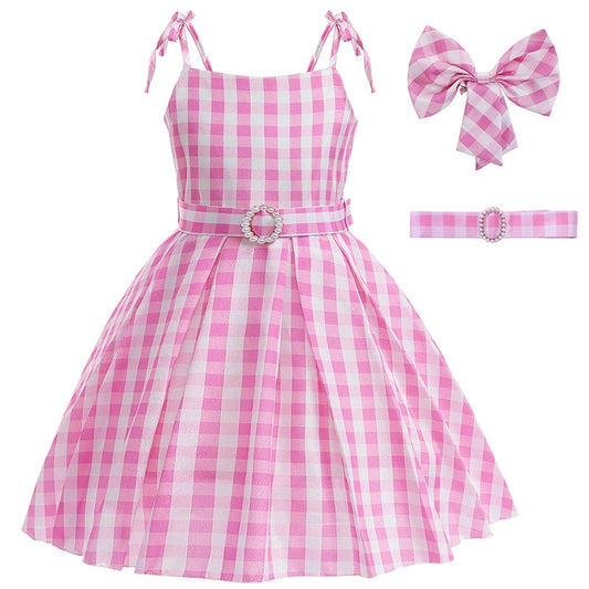 Girls Party Dresses Pink Plaid Princess Dress Birthday Party Children's Day Perform Dress Kid Carnival Halloween Cosplay Costume