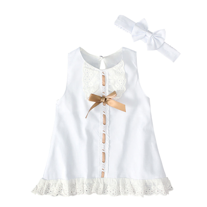 0-24 Months Newborn Infant Baby Girls Dress White Princess Lace Bowknot Sleeveless Dress Headband Clothes Outfit Sets