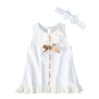 0-24 Months Newborn Infant Baby Girls Dress White Princess Lace Bowknot Sleeveless Dress Headband Clothes Outfit Sets