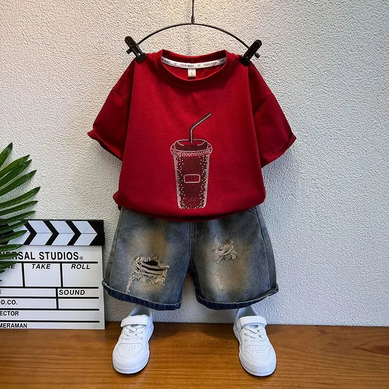 Summer Baby Boys Fashion High Quality Set Cotton Boy Short Sleeved Hole T-shirt + Denim Shorts Kids Loose Casual Clothes 2-11Y