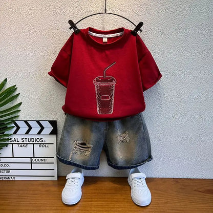 Summer Baby Boys Fashion High Quality Set Cotton Boy Short Sleeved Hole T-shirt + Denim Shorts Kids Loose Casual Clothes 2-11Y