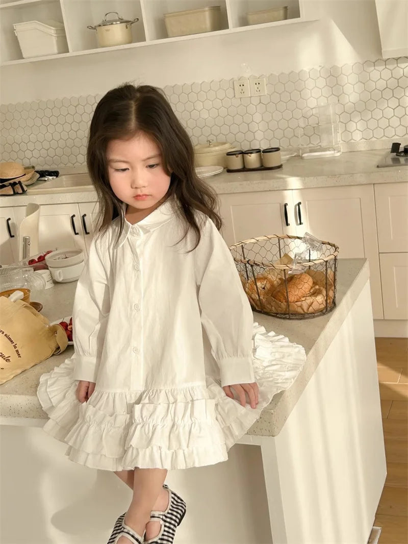 Girl's Shirt Dress Princess Spring New Long-sleeve Gown Children Summer Turn-down Dresses 2-8Y Kids Autumn Fashion Clothing
