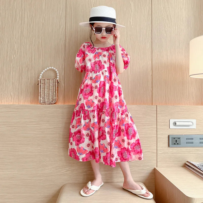Girl's Large Flower Dress 2025 New Summer Children's Foreign-Style Loose Korean Version of the Older Girls Floral Lazy Skirt