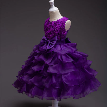 Girl's bow dress A dress with suspenders Rose flower girl wedding dress