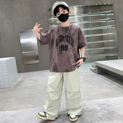 Boys Summer Clothing Top and Bottom Set For Teens Children Casual Cotton Outfit Suit Brown Color Kids Cotton Clothes Set