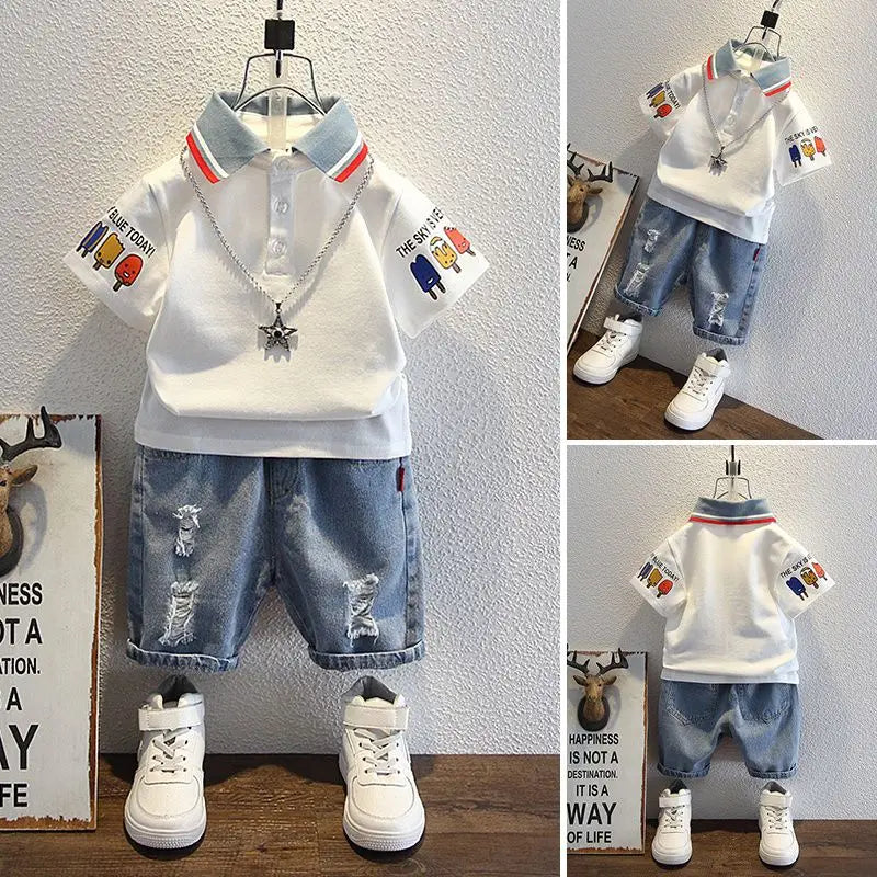 Boys 2025 Summer Outfit T-Shirt and Jeans Korean Polo Fashion 2PCS Casual Clothing Korean Reviews Top Toddler Kids Clothes Sets (Available)