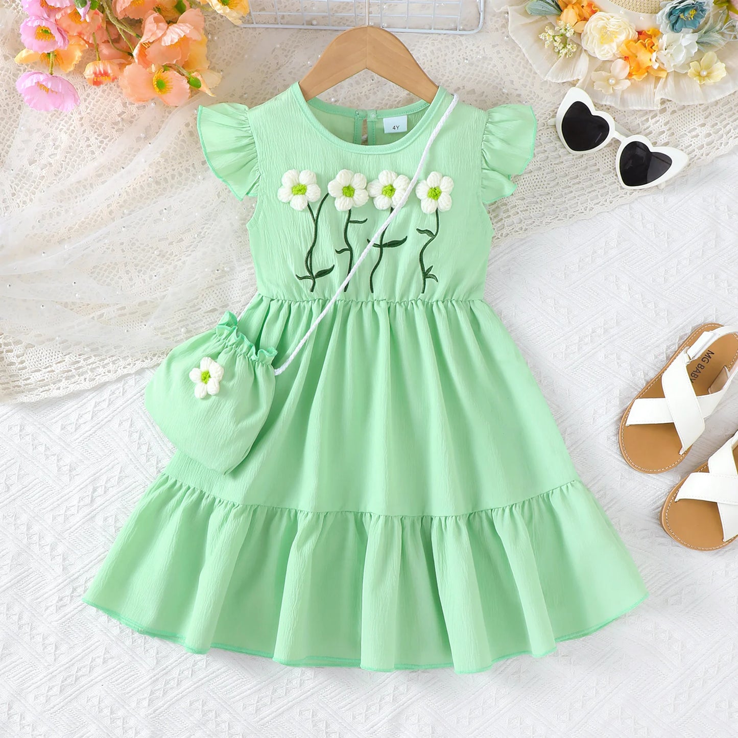 Summer Green Dress for Girls 1-6Years Sleeveless A-Line Children's Dresses with 3D Woolen Flower+Small Satchel Holiday Clothes