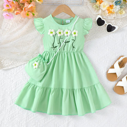 Summer Green Dress for Girls 1-6Years Sleeveless A-Line Children's Dresses with 3D Woolen Flower+Small Satchel Holiday Clothes
