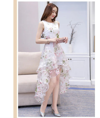 Summer High Low Retro Dress Vintage Women Sleeveless Front Back Short Long Organza Lace Dress Ladies Elegant Party Dress  (Available)