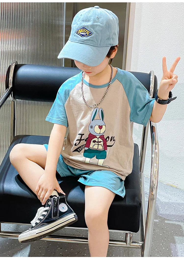 Summer Cartoon T-Shirt+Shorts 2-Piece Clothing Set Cotton Kids Boys Girls Casual Tracksuit Clothes Suits Outdoor Fashion 2-12Y