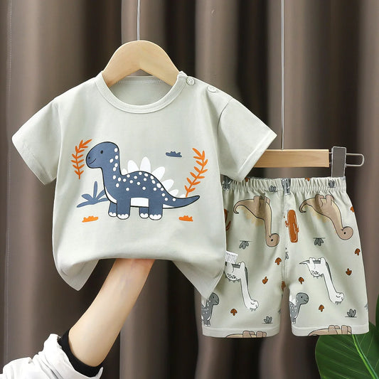 Summer Boys' Short Sleeved Suit Cartoon Dinosaur Cotton Short Sleeved Top +Shorts 2pcs Set Children Boy Kids Pyjamas Suit 0-4T
