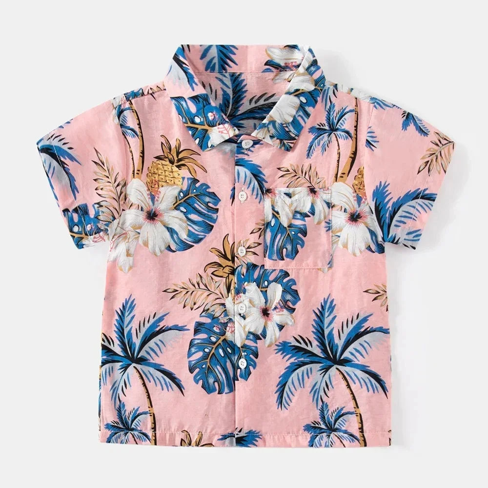 Summer Boys Shirt Hawaiian Beach Graphic Print Children's Blouse Casual Short Sleeve Holiday Lapel Top Girl Blouse Kids Clothes