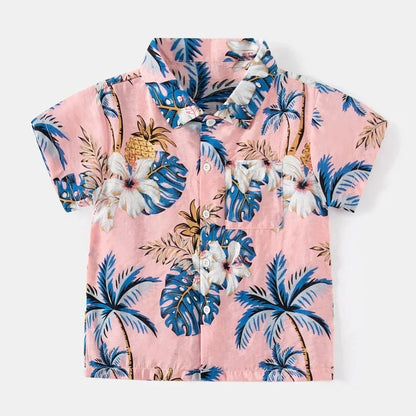 Summer Boys Shirt Hawaiian Beach Graphic Print Children's Blouse Casual Short Sleeve Holiday Lapel Top Girl Blouse Kids Clothes