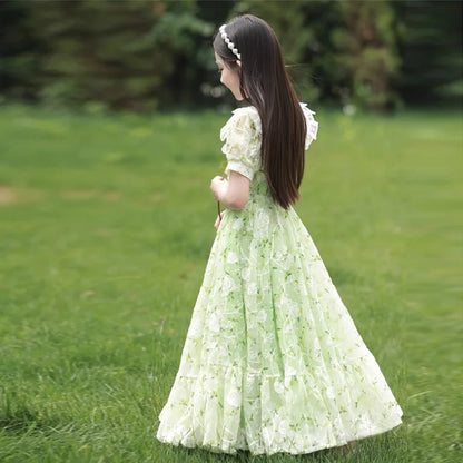 Girls Summer Dresses New Children's Princess Gown Big Kids Short-sleeved Dress Teen Girls Peter Pan Collar Clothing 4-12Y