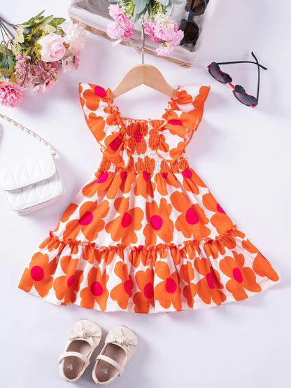 1 - 7 Y Baby Girls Sweet Floral Dress with Ruffled Sleeves & Smocked Waist - Perfect for Party & Summer Wear for Kids Girl Dress