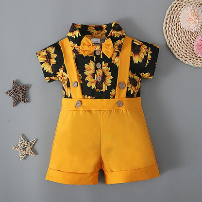 Summer Baby Clothes Set Boy Romper Bodysuit Sunflower Print Tops+Straps Pants 2Pcs Suit Kid Outfit Newborn Toddler Jumpsuit A597