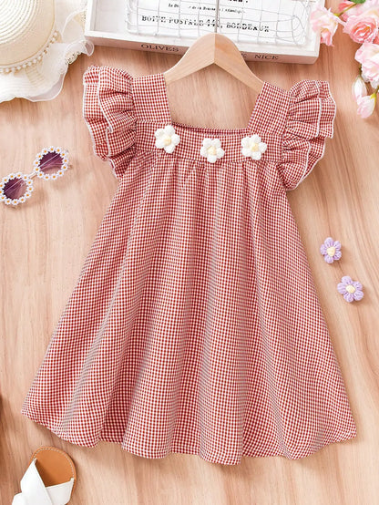 Girl's Red & White Gingham Dress with Flutter Sleeves & Floral Accents - Perfect for Holidays/Outings, Age 4-7, Spring/Summer