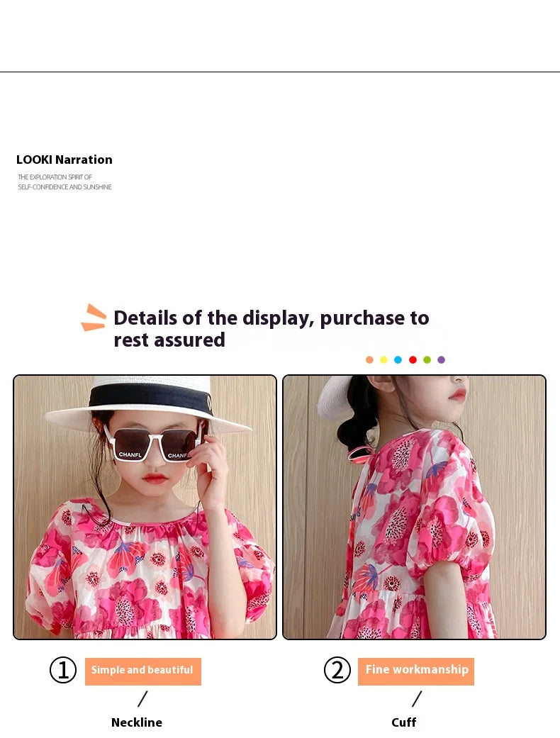 Girl's Large Flower Dress 2025 New Summer Children's Foreign-Style Loose Korean Version of the Older Girls Floral Lazy Skirt