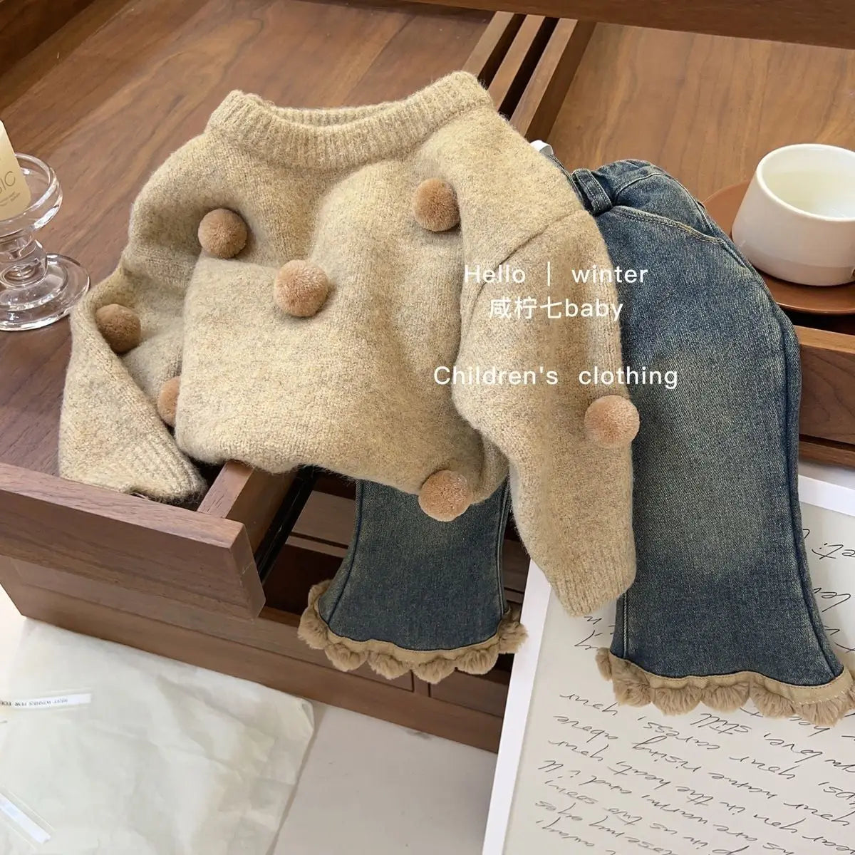 Autumn Tops's Girls Knitted Pullover Sweater Casual Simple Balloon Top Coat Winter Baby Clothing Fur Ball Design 1PCS   (Available)