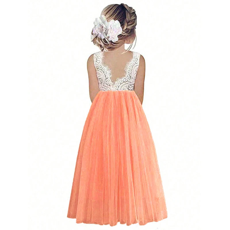 New Girls' Long-Sleeved Lace Gauze Dress Children's Evening Dress Wedding Flower Girl Sweet Lovely Versatile Dress