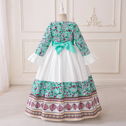 Girl Dress For Eid Arab Muslim Floral Print Long Sleeve Dress For Children Formal Pageant Party Festival Ceremonial Banquet Gown