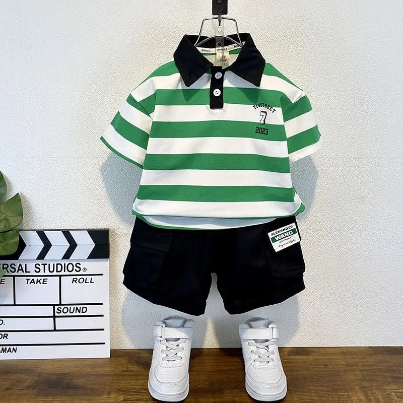 Boys 2025 Summer Outfit T-Shirt and Jeans Korean Polo Fashion 2PCS Casual Clothing Korean Reviews Top Toddler Kids Clothes Sets (Available)