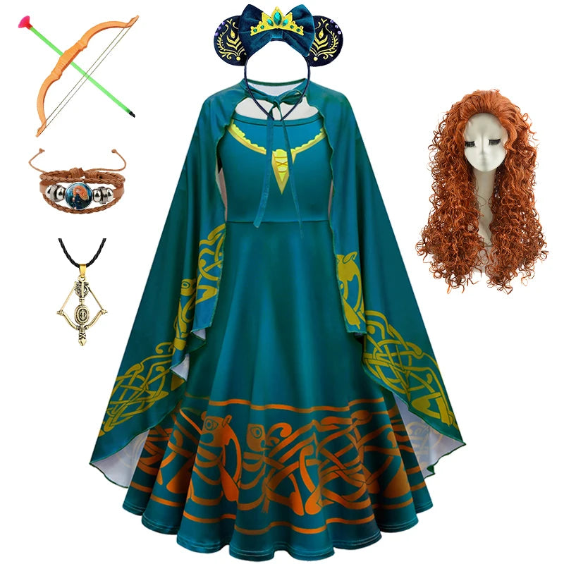 New Cartoon Movie Girls Princess Merida Dress Halloween Brave Princess Costume Children Green Velvet Long Sleeve Vintage Clothes