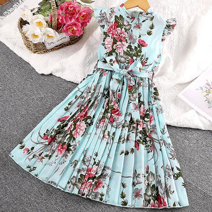 Girls Dress Summer 4-12 Years Flowers Sleeveless Fashion Elegant Little Princess Dress Birthday Dance Party Gifts Kids Clothes