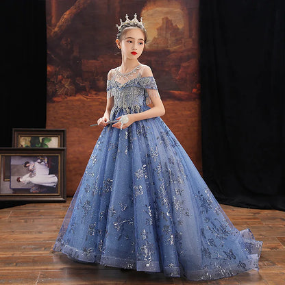 Girl Elegant Off Shoulder Dress Fashion Runway Show Luxurious Princess Dresses for Girls Birthday Party Long Kids Vestidos (Available)