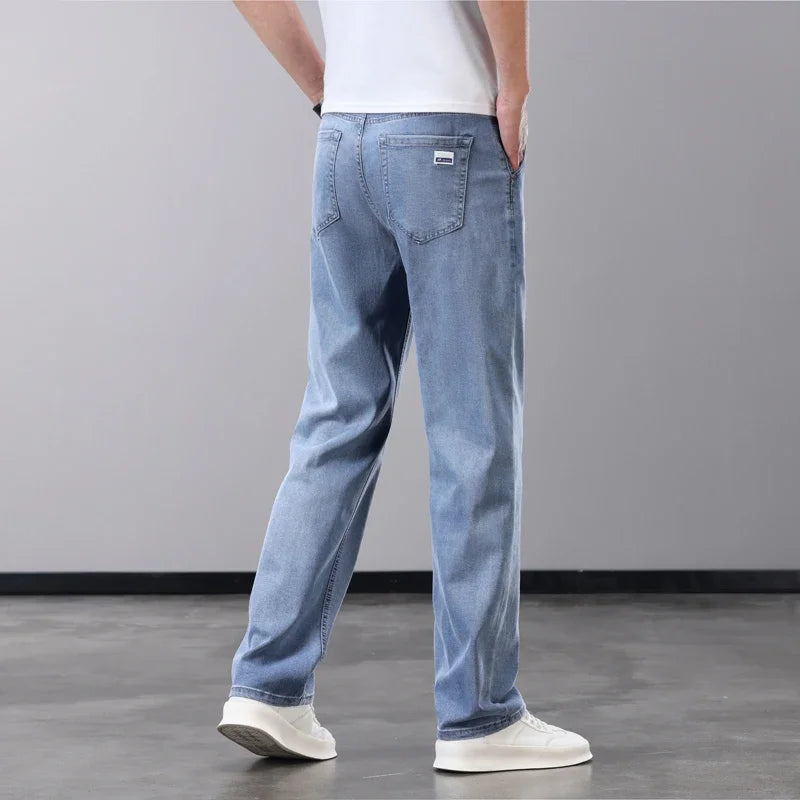 Summer Thin Men's Jeans Lyocell Fabric Soft Breathable Straight Denim Pants Brand Man Elastic Ice Silk Casual Trousers Grey Blue (Available)