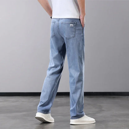 Summer Thin Men's Jeans Lyocell Fabric Soft Breathable Straight Denim Pants Brand Man Elastic Ice Silk Casual Trousers Grey Blue (Available)