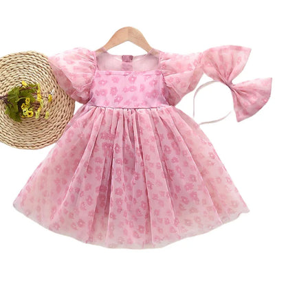 2026 New Girls' Summer Dress 2-8Y Sweet Girls Floral Puff Short Sleeve Princess Dress Kid's Clothes Children's Mesh Dress