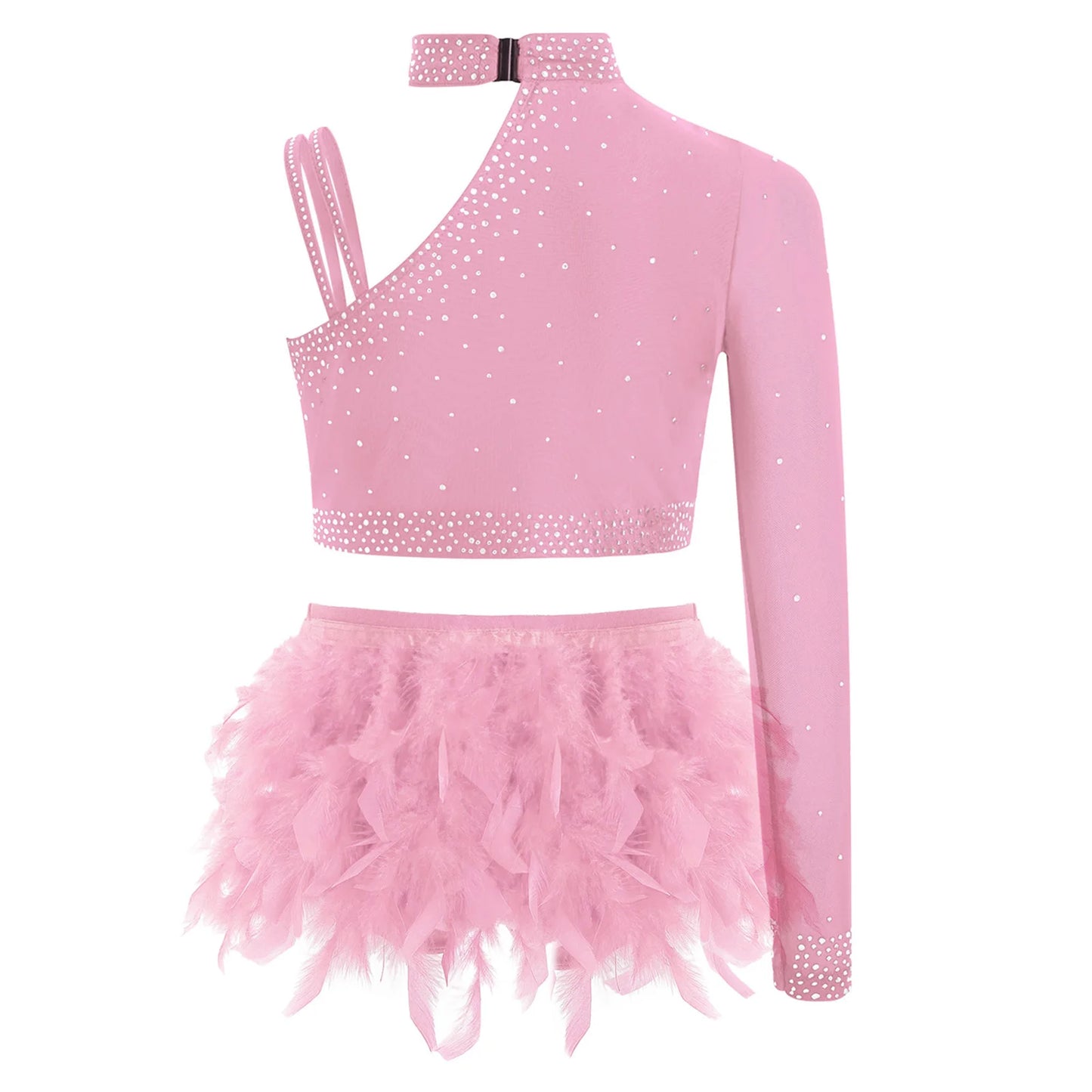 Girls Modern Dance Dress 2 Piece One-shoulder Sleeve Rhinestone Crop Top And Feather Skirts Sets Dance for Stage Performance