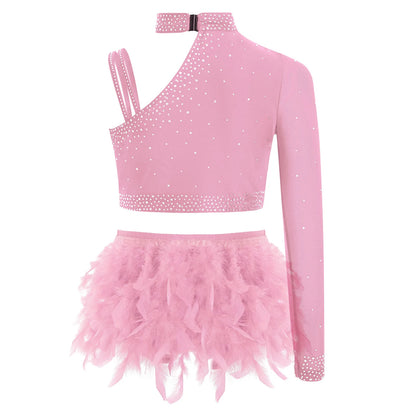 Girls Modern Dance Dress 2 Piece One-shoulder Sleeve Rhinestone Crop Top And Feather Skirts Sets Dance for Stage Performance