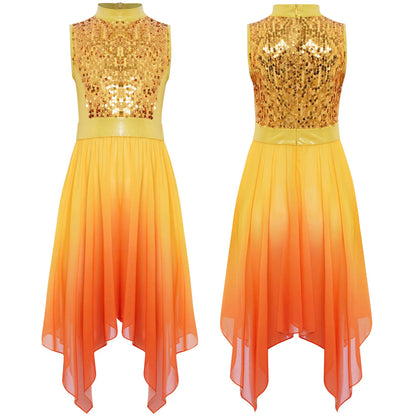 Girls Liturgical Worship Praise Dance Dress Contemporary Lyrical Dancewear Sleeveless Sequins Bodice Asymmetrical Tunic Dresses