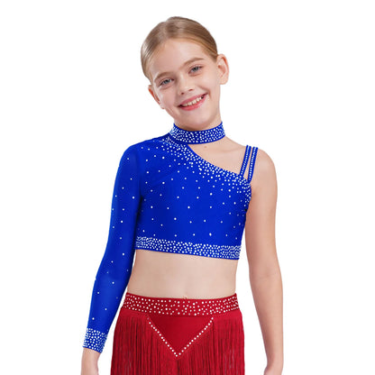 Girls Modern Dance Dress 2 Piece One-shoulder Sleeve Rhinestone Crop Top And Feather Skirts Sets Dance for Stage Performance
