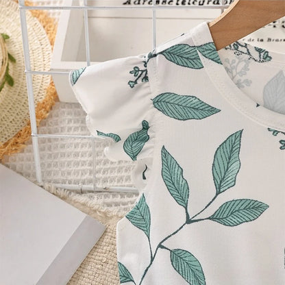 Baby Girls' Summer Sweet Fresh Dress: Leaf-Print Flutter-Sleeve A-Line Skirt – Comfortable & Breathable Sleeveless Outfit