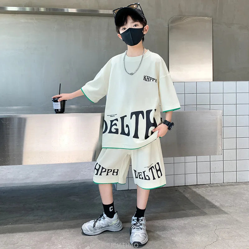 Boys Summer Letter Print Tee Shorts Two Piece Set New Big Kids Casual Wear Outfit Everyday Wear Simple Style Matching Children