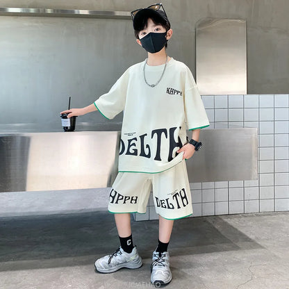 Boys Summer Letter Print Tee Shorts Two Piece Set New Big Kids Casual Wear Outfit Everyday Wear Simple Style Matching Children