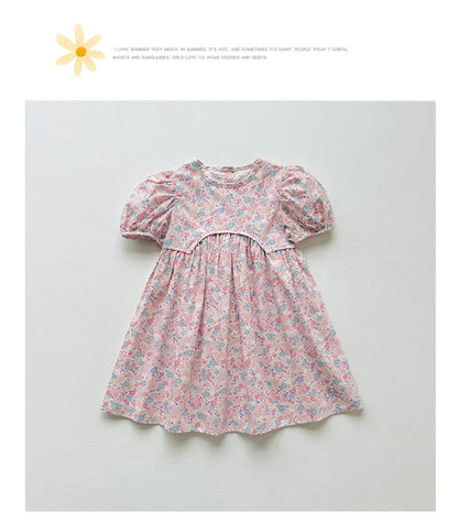2025 Summer Kids Girls Dresses Short Sleeve A Line Girls Dresses Floral Print Pleated Dress For Girl