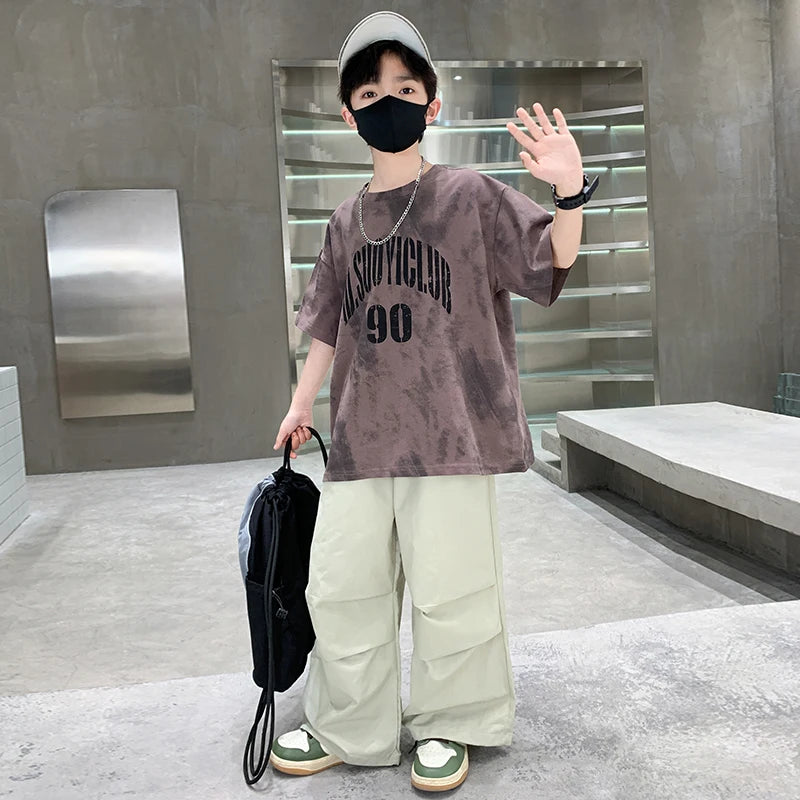 Boys Summer Clothing Top and Bottom Set For Teens Children Casual Cotton Outfit Suit Brown Color Kids Cotton Clothes Set