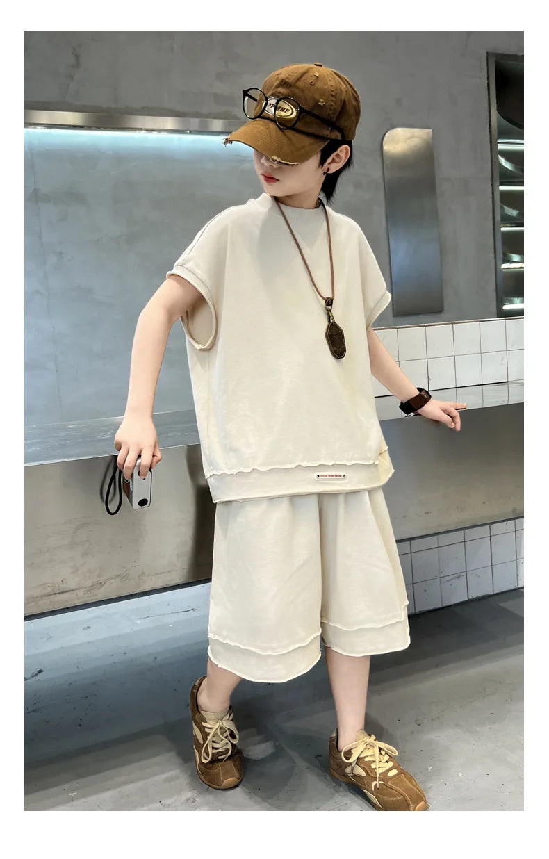 Boys' Summer Outfit Set 2025 New Style Children's Summer Short Sleeved Sportswear Vest Fashionable Boys' Thin Design