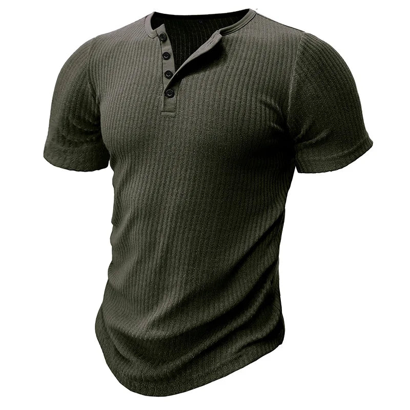 Summer Trend Men's Short Sleeve Casual T-Shirts Solid Henley Neck Button Up Pullover Tops Spring Turn Down Collar Basic Shirt (Available)