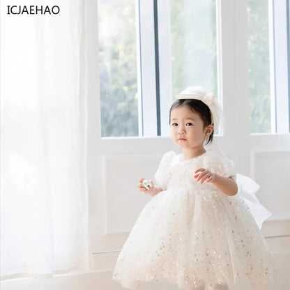 Girl's White Wedding Tutu Dress, Elegant Princess Dress for Flower Dresses Kids Vestidos Girl Birthday Party Princess Sequins