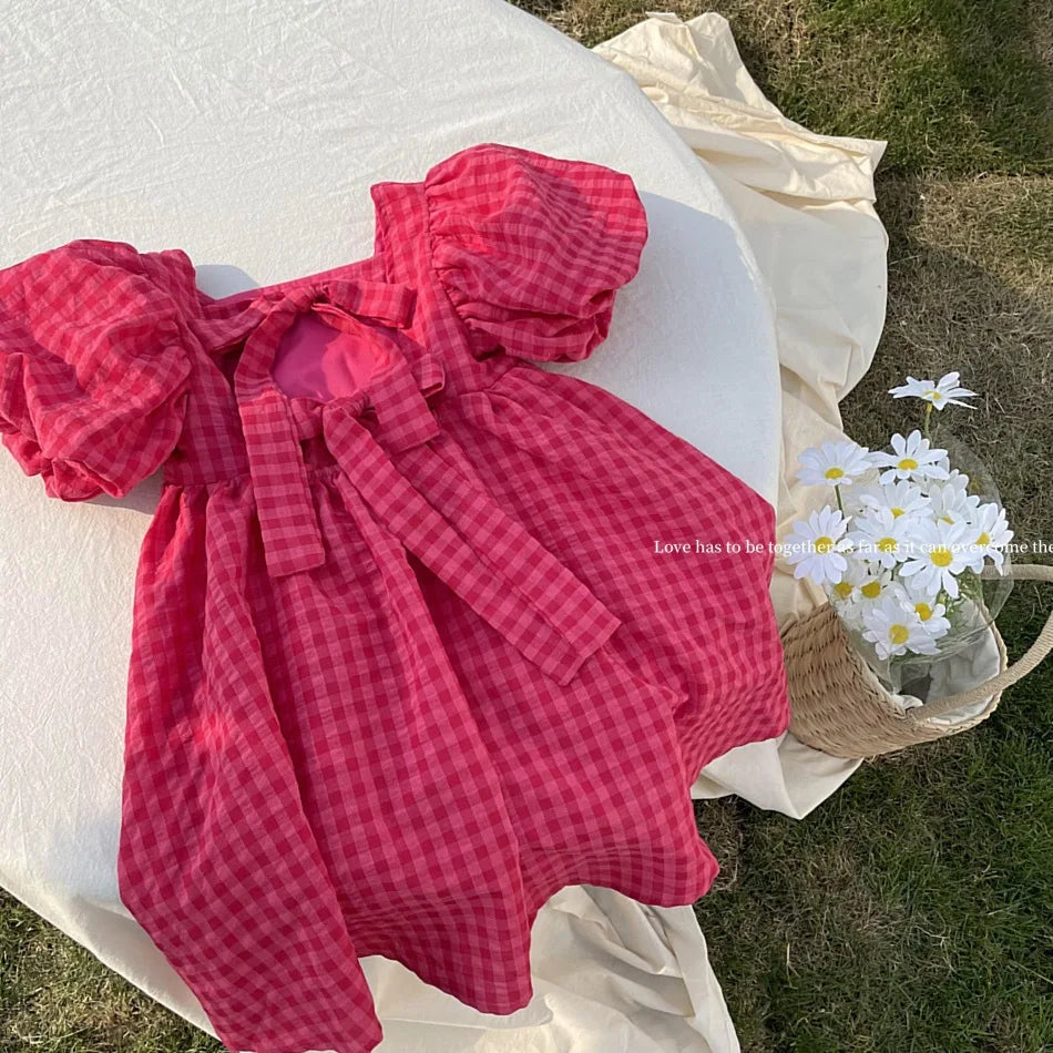 New Summer Kids Dresses for Girls Pure Color All-match Lace Girls  Short-sleeved Dress Baby Princess Dress Girls Clothes