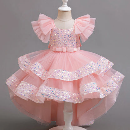 Girls Party Dresses Elegant Tulle Layered Children Long Evening Prom Gown Sequins Puffy Festive Dress for Girl